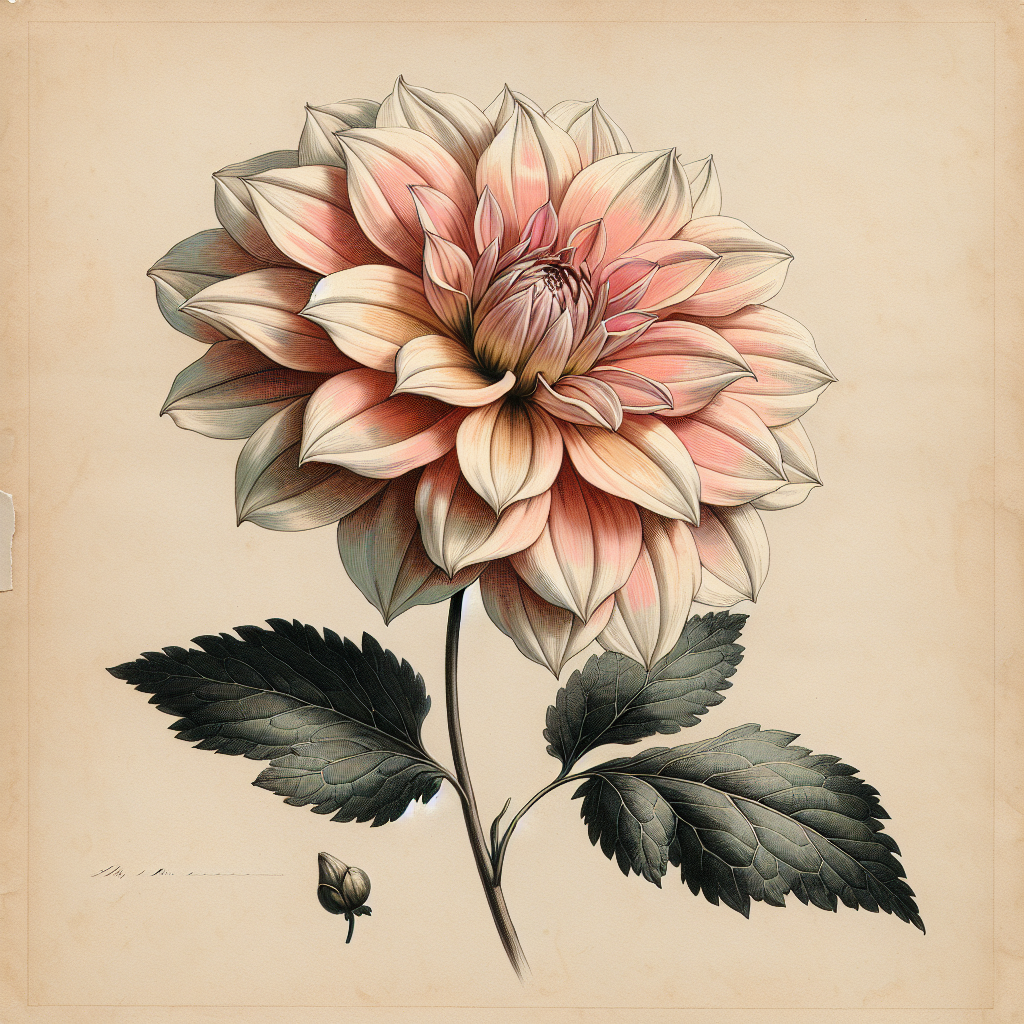 Botanical plate illustration of Mingus Randy dahlia, Light Blend Semi-Cactus