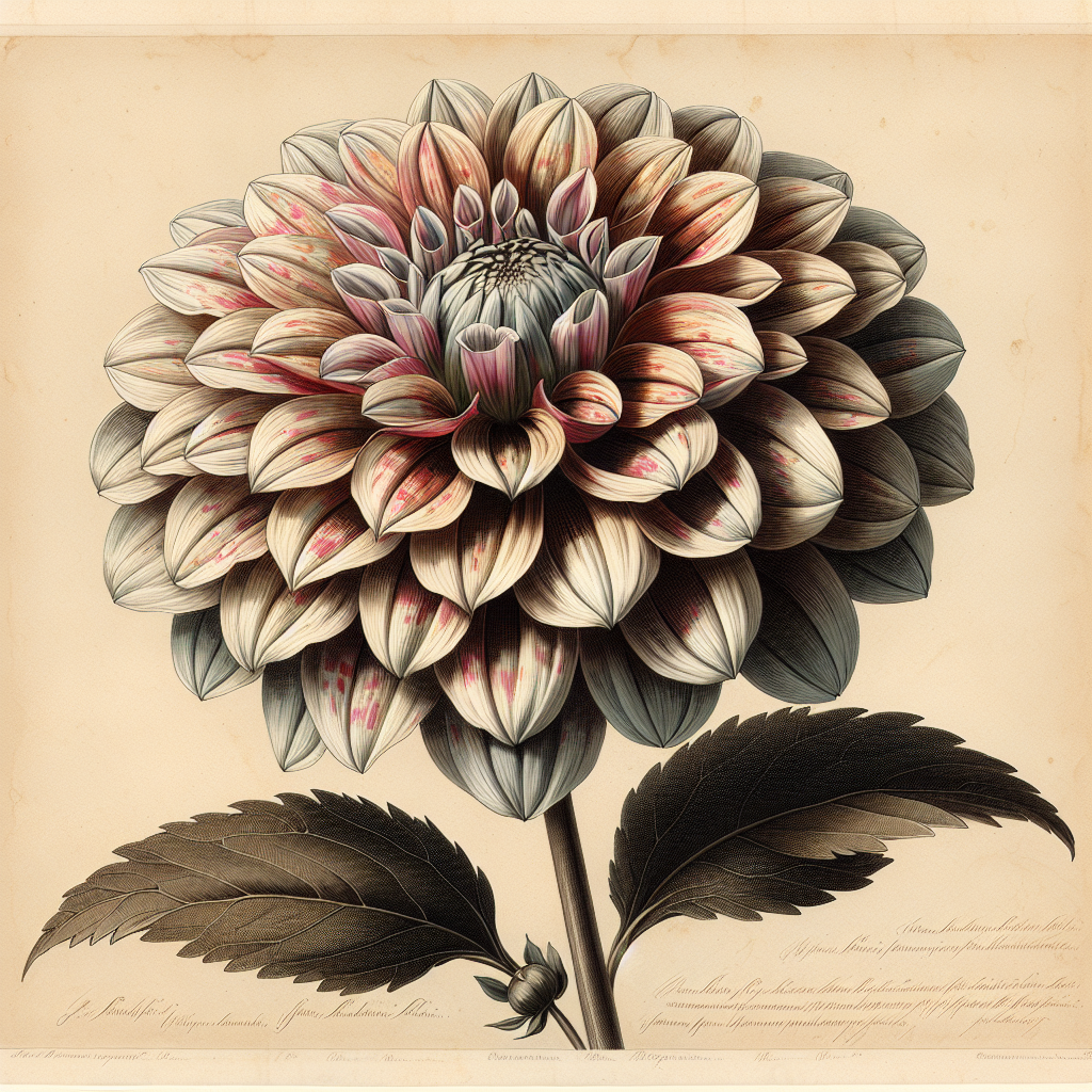 Botanical plate illustration of Mingus Toni dahlia, Variegated Informal Decorative