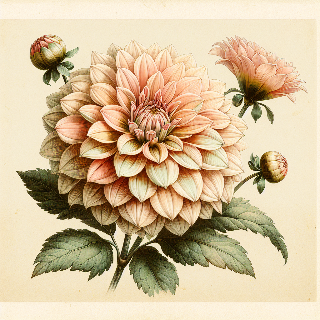 Botanical plate illustration of Mingus Wesley dahlia, Light Blend Semi-Cactus