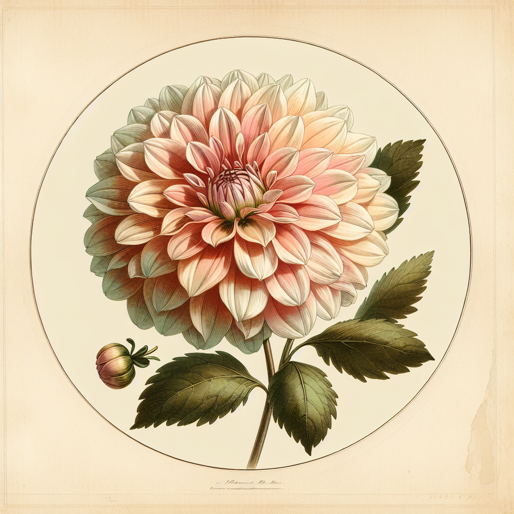 Botanical plate illustration of Moms Special dahlia, Light Blend Informal Decorative