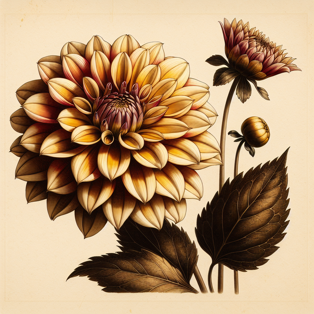 Botanical plate illustration of Moonfire dahlia, Bronze Single