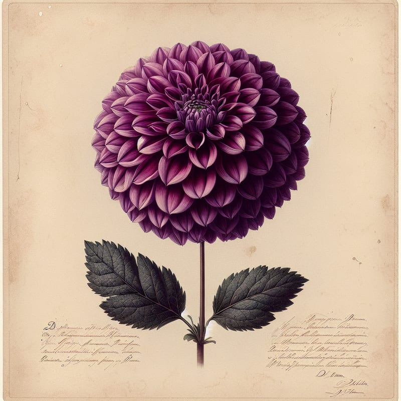 Botanical plate illustration of Moor Place dahlia, Purple Pompon