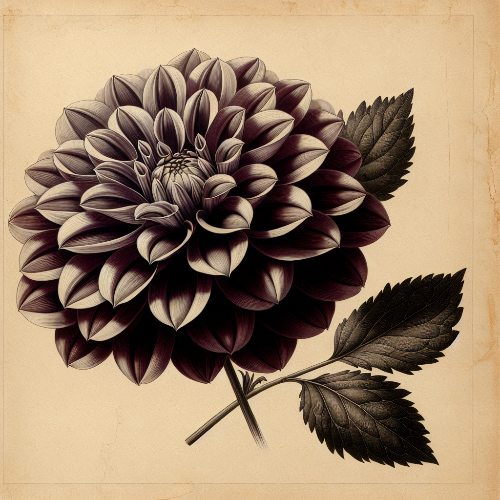 Botanical plate illustration of Mrs I de Ver Warner dahlia, Purple Formal Decorative