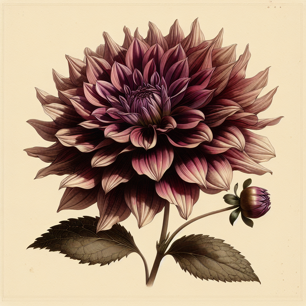 Botanical plate illustration of Myrtle's Folly dahlia, Dark Blend Laciniated