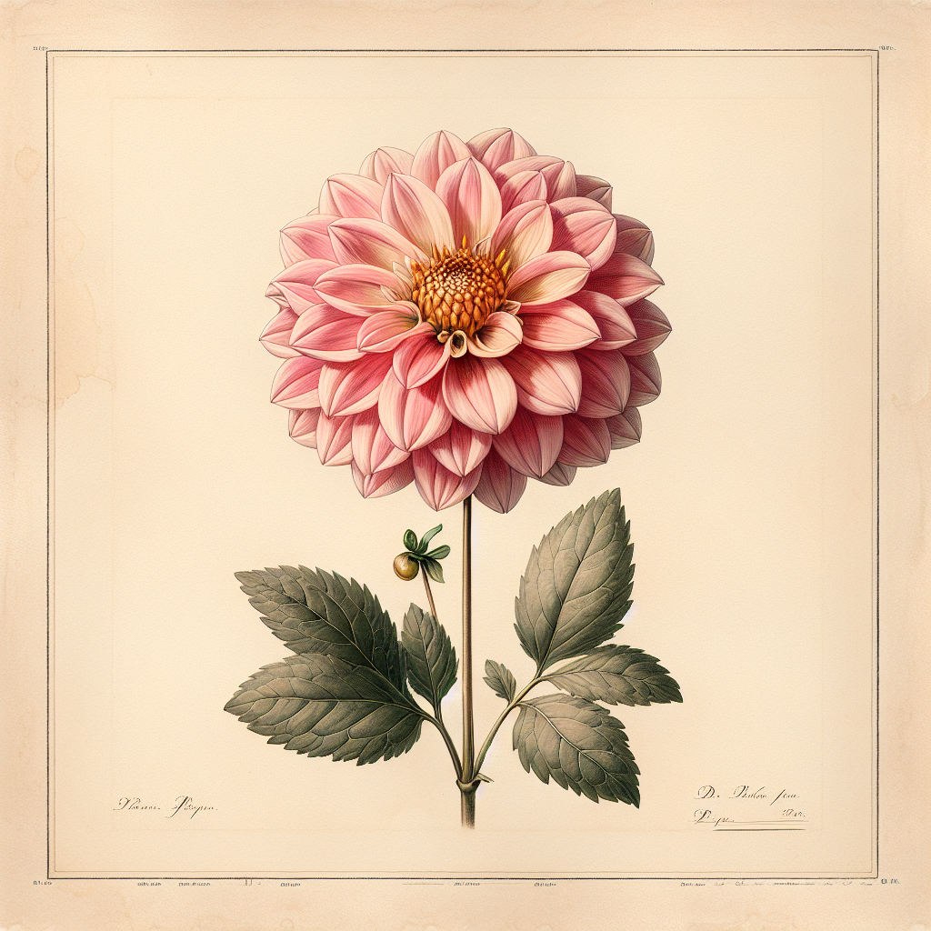 Botanical plate illustration of Mystic Dreamer dahlia, Pink Single
