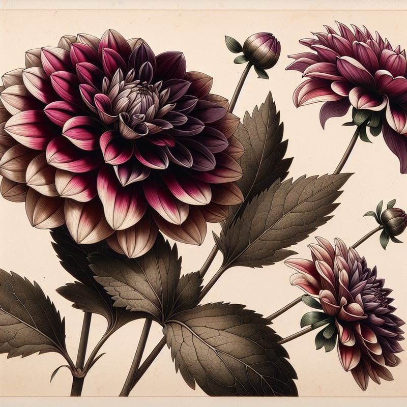 Botanical plate illustration of Mystic Fantasy dahlia, Dark Blend 
