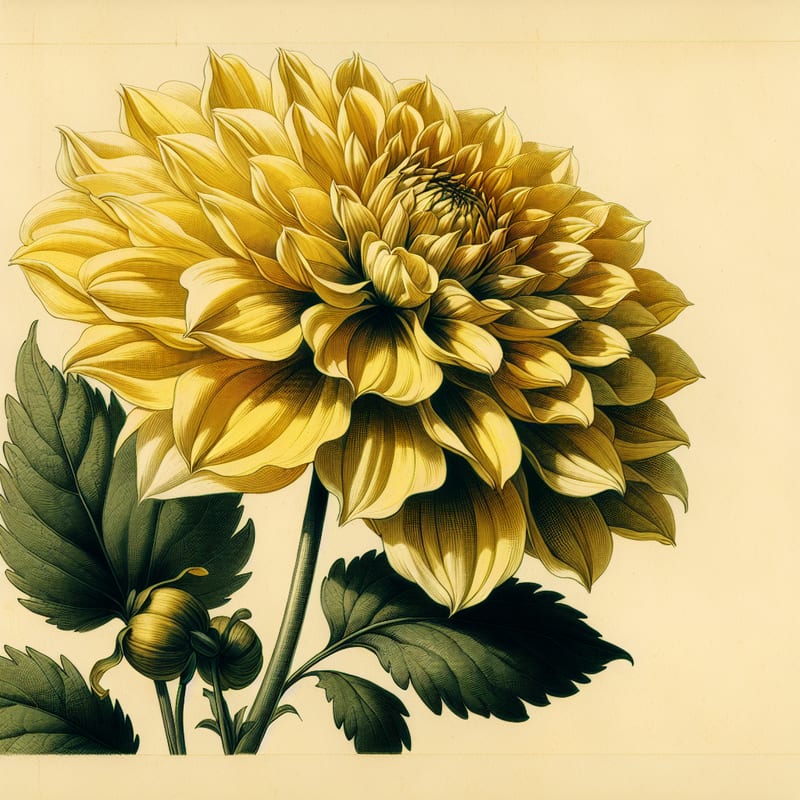 Botanical plate illustration of Mystic Illusion dahlia, Yellow Peony