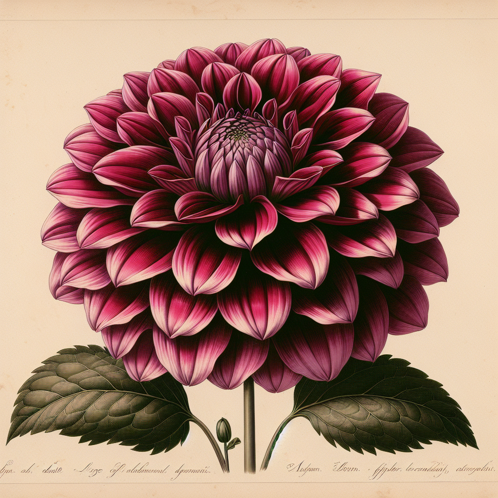 Botanical plate illustration of Mystique dahlia, Dark Pink Formal Decorative