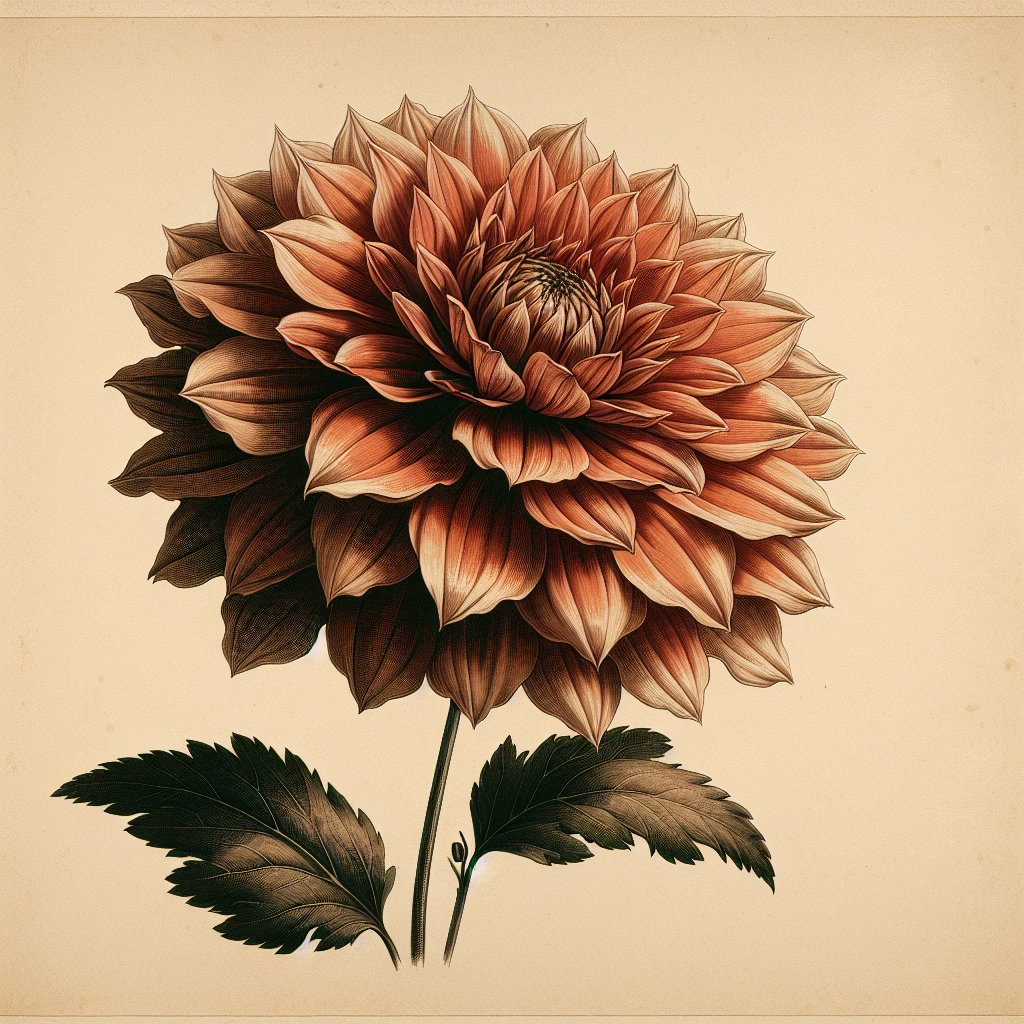 Botanical plate illustration of Natal dahlia, Dark Red Ball