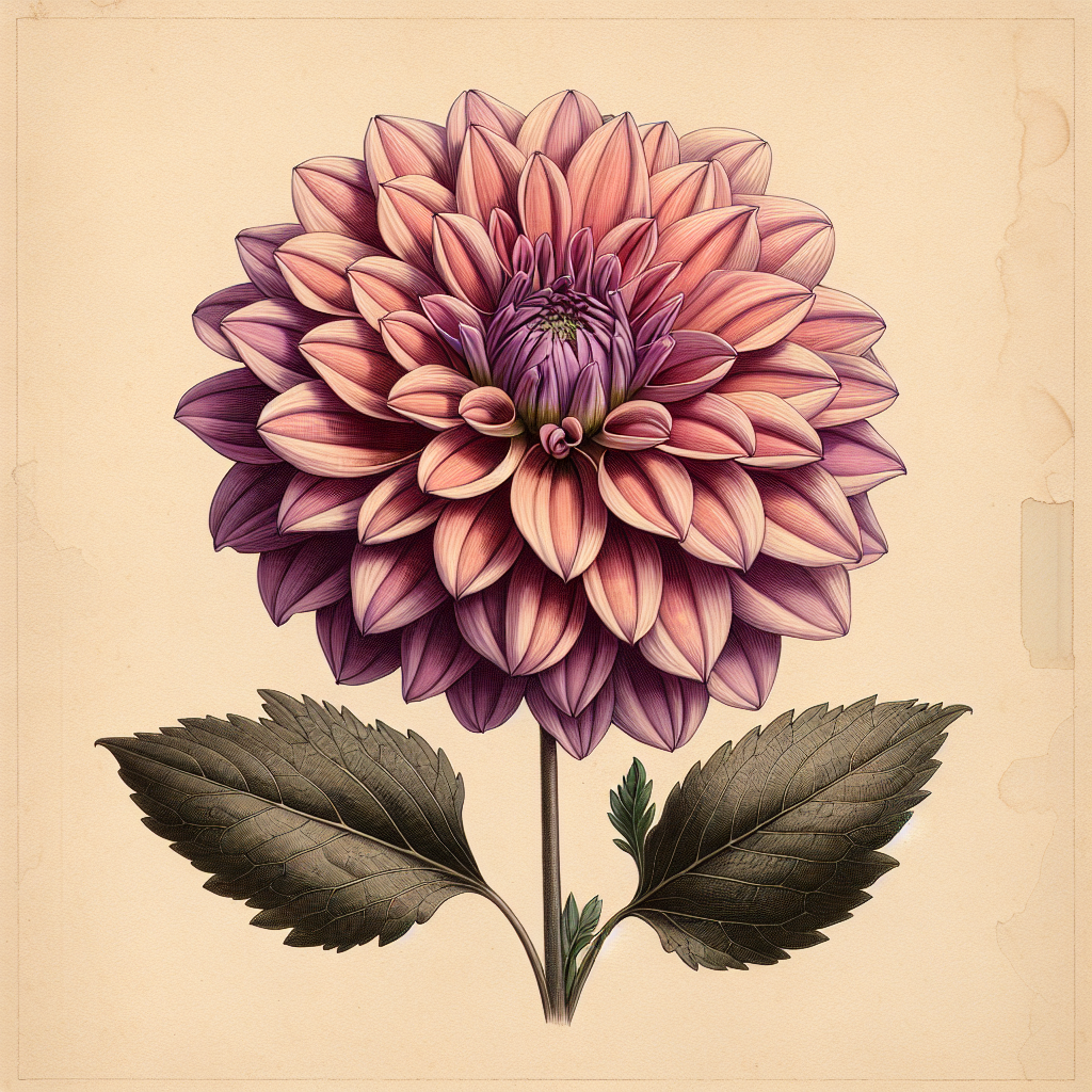 Botanical plate illustration of Natalie G dahlia, Purple Incurved Cactus