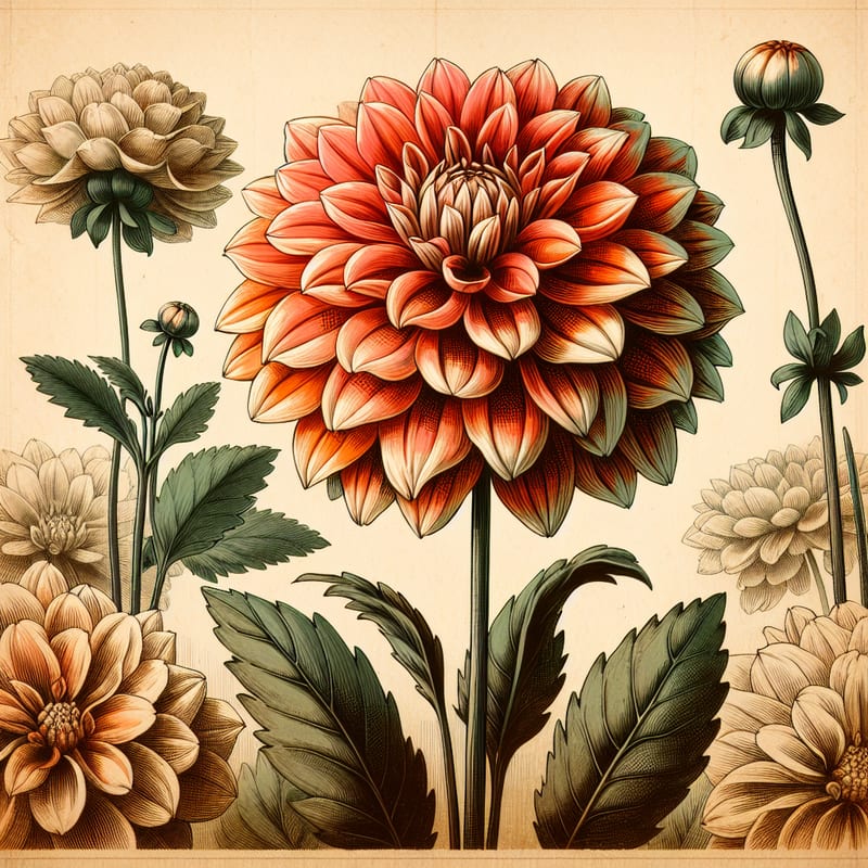 Botanical plate illustration of New Baby dahlia, Orange Informal Decorative