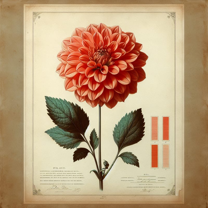 Botanical plate illustration of Newaukum Honey dahlia, Orange Informal Decorative