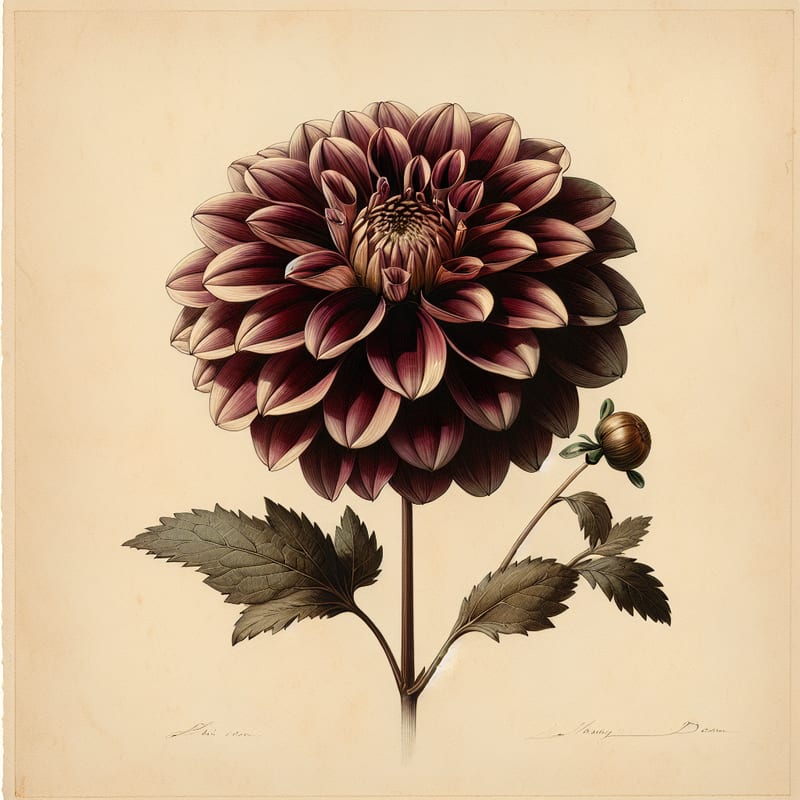 Botanical plate illustration of Night Butterfly dahlia, Dark Blend Collarette