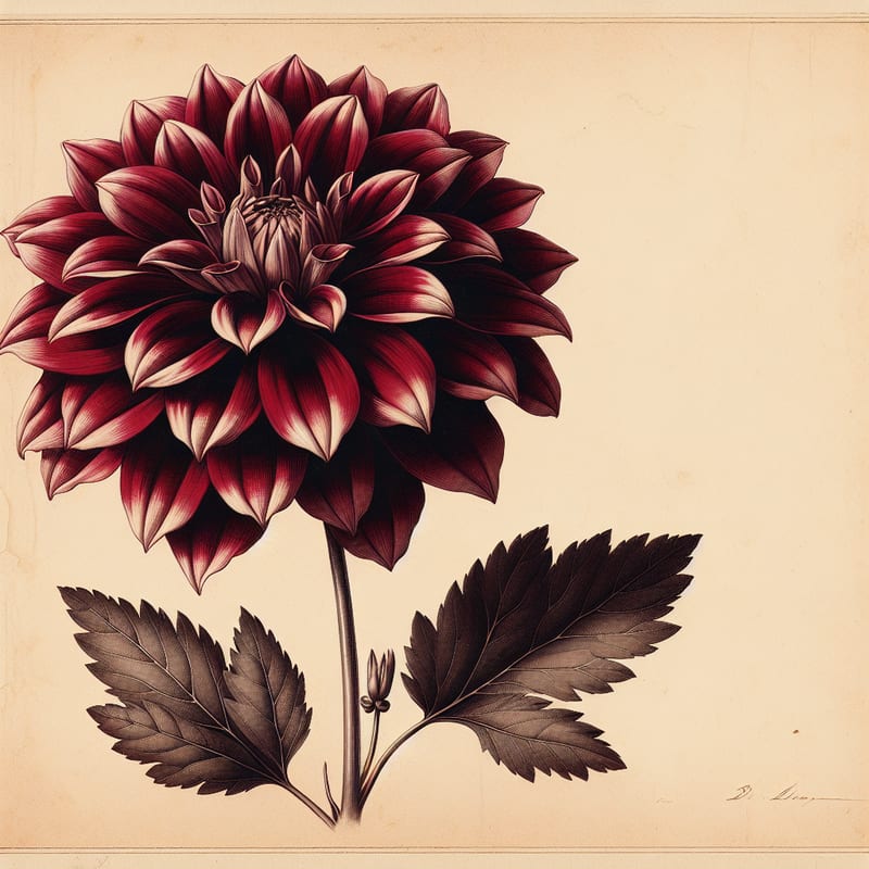 Botanical plate illustration of Night Queen dahlia, Dark Red Semi-Cactus