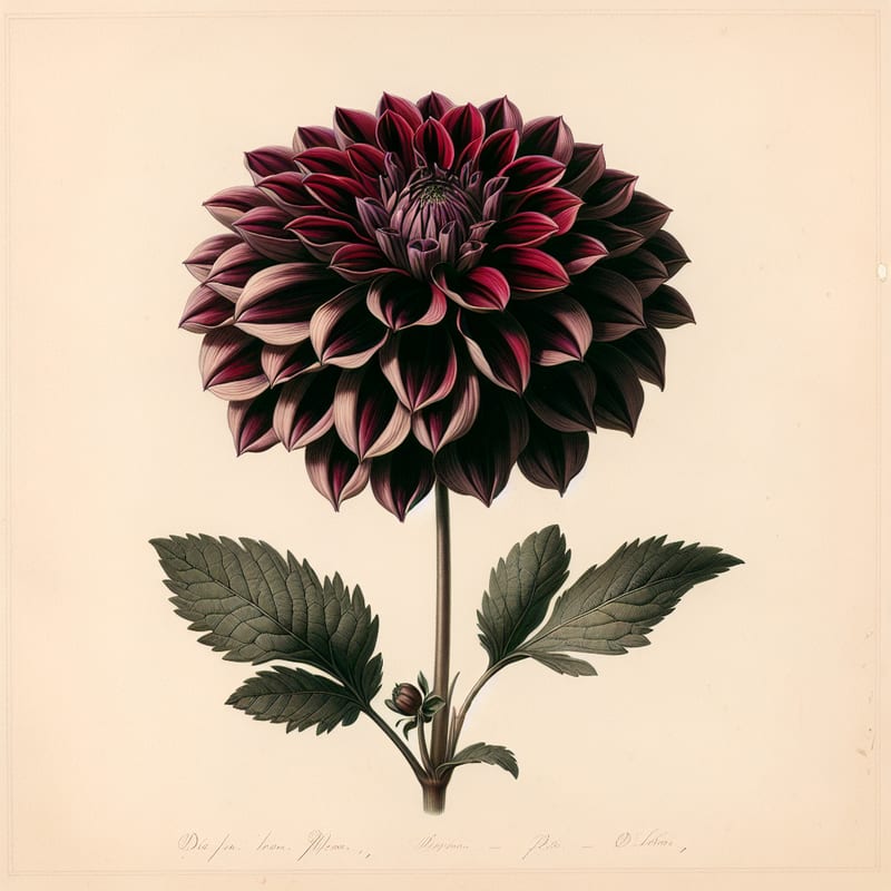 Botanical plate illustration of Nighty Night dahlia, Dark Red Formal Decorative