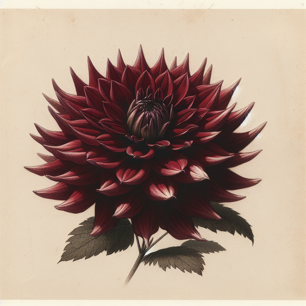 Botanical plate illustration of Nuit d'Ete dahlia, Dark Red Straight Cactus