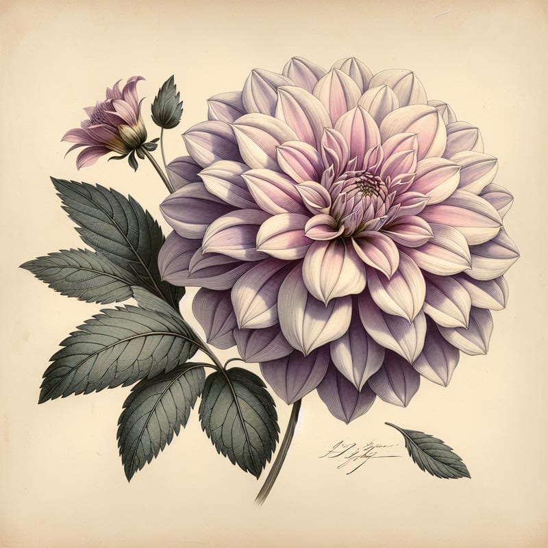 Botanical plate illustration of Onesta dahlia, Lavender Informal Decorative