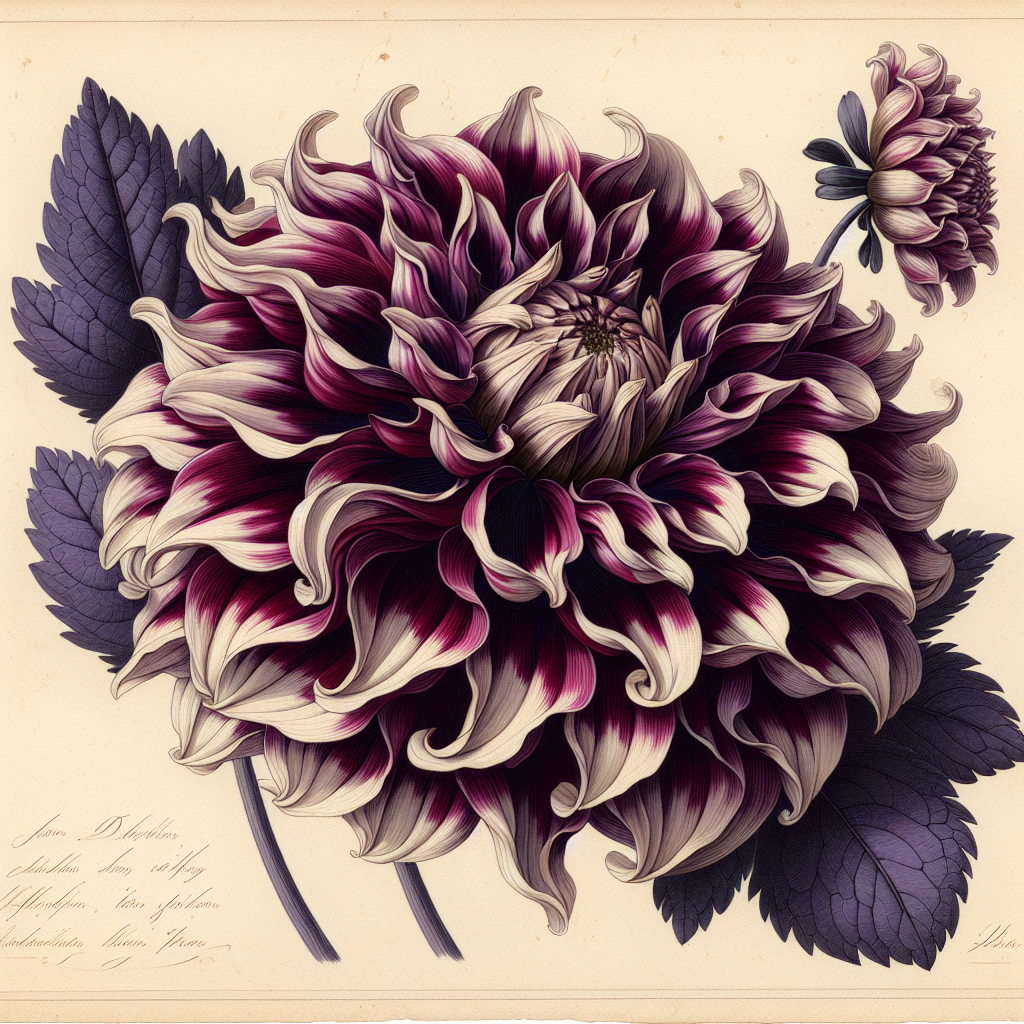 Botanical plate illustration of Optic Illusion dahlia, Purple Novelty Double
