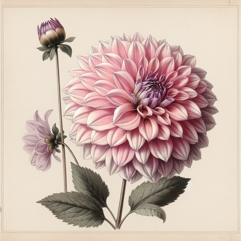 Botanical plate illustration of Otto's Thrill dahlia, Lavender Informal Decorative
