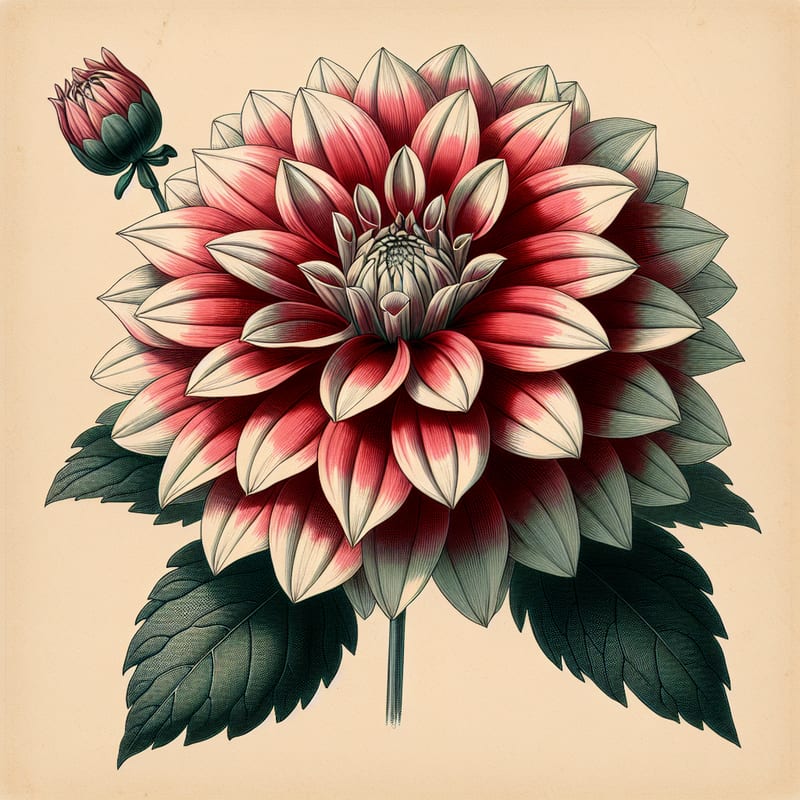 Botanical plate illustration of Pajama Time dahlia, Bicolor Formal Decorative