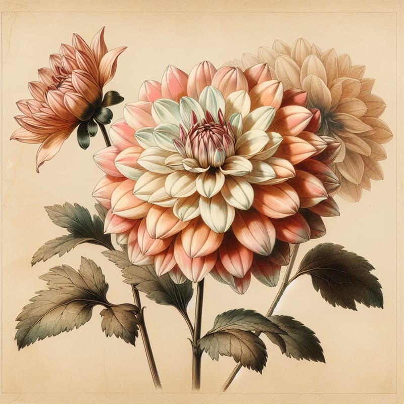 Botanical plate illustration of Pam Howden dahlia, Light Blend Waterlily