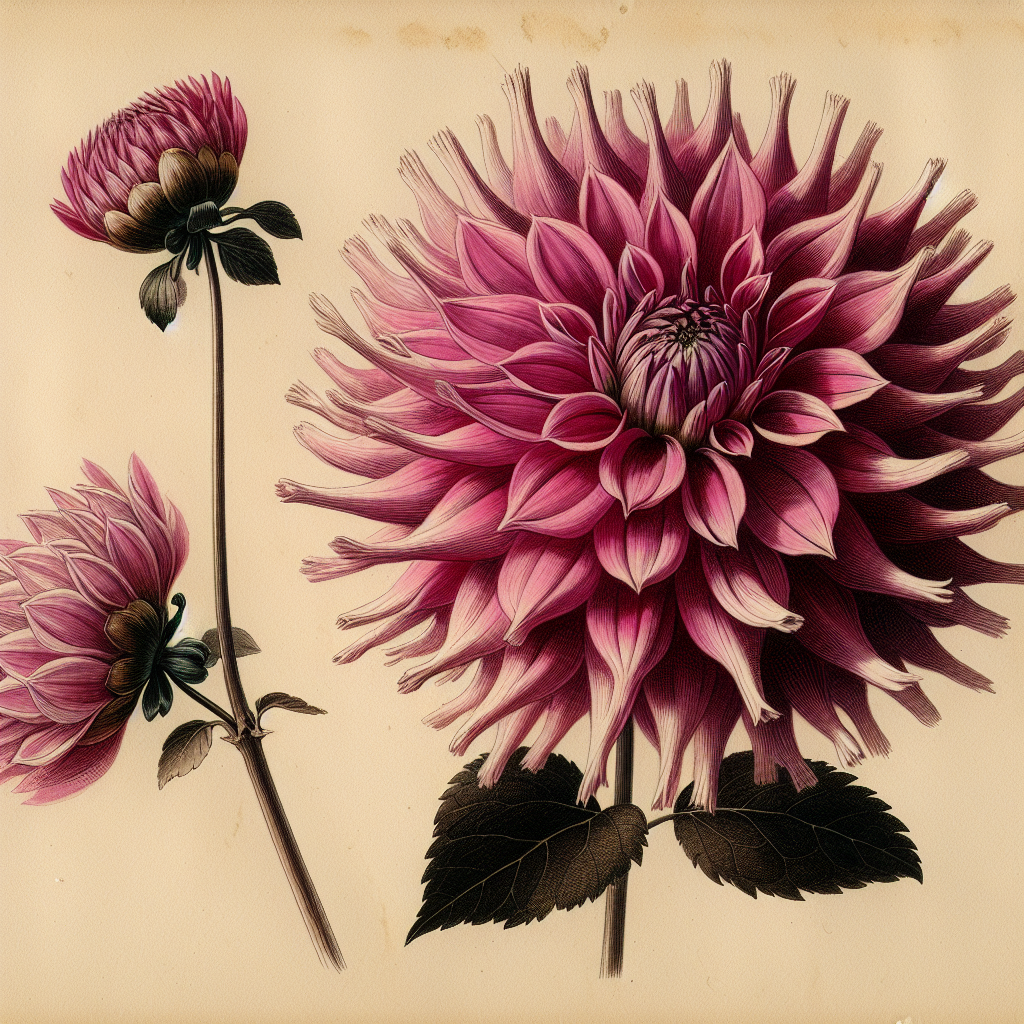 Botanical plate illustration of Park Princess dahlia, Dark Pink Straight Cactus