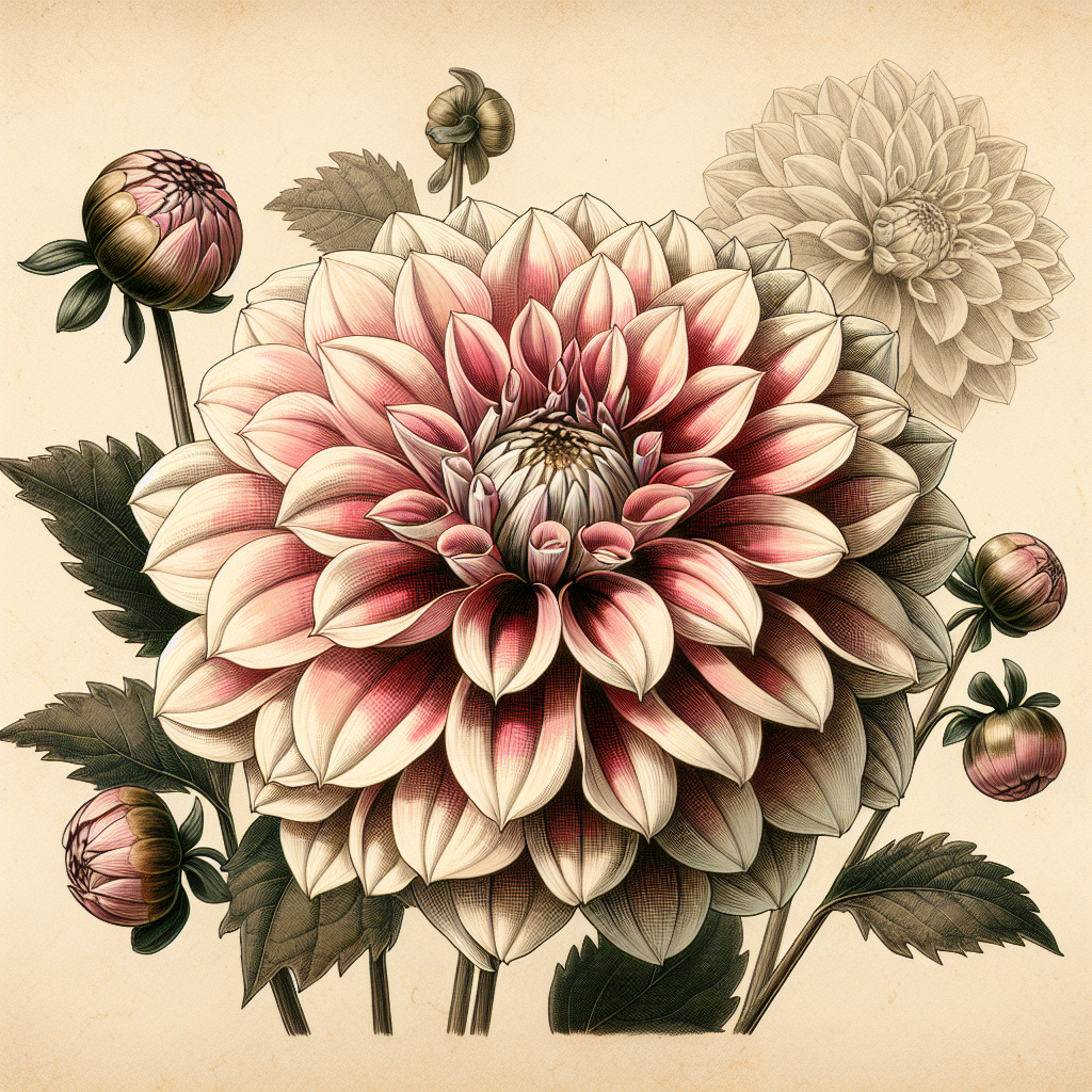 Botanical plate illustration of Parkland Stellar dahlia, Bicolor Formal Decorative