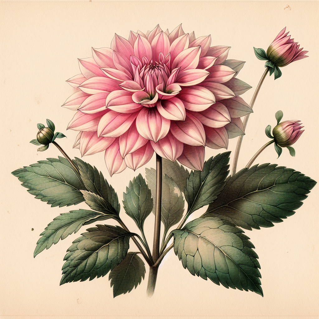 Botanical plate illustration of Parkprincess dahlia, Pink Semi-Cactus