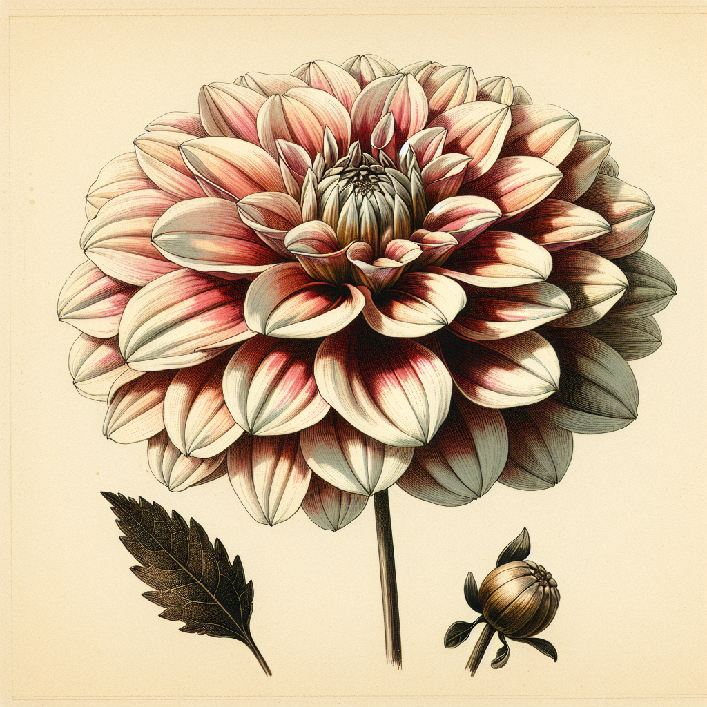 Botanical plate illustration of Peaches N Cream dahlia, Bicolor Formal Decorative