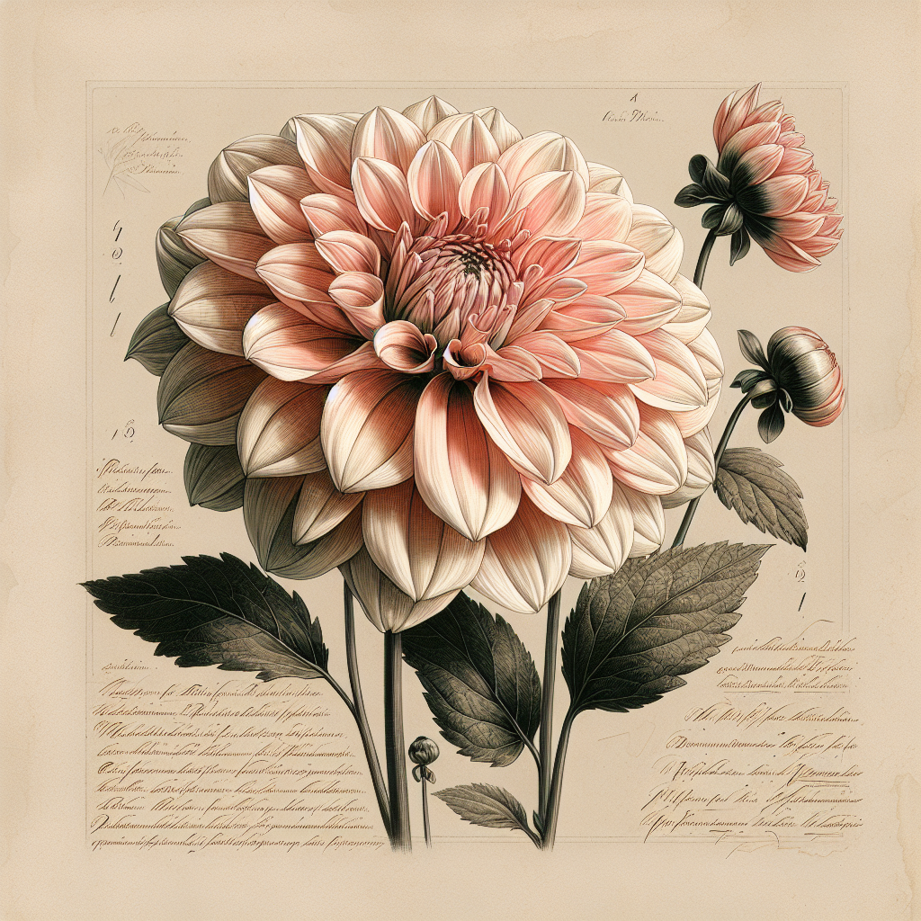 Botanical plate illustration of Penhill Autumn Shade dahlia, Light Blend Semi-Cactus