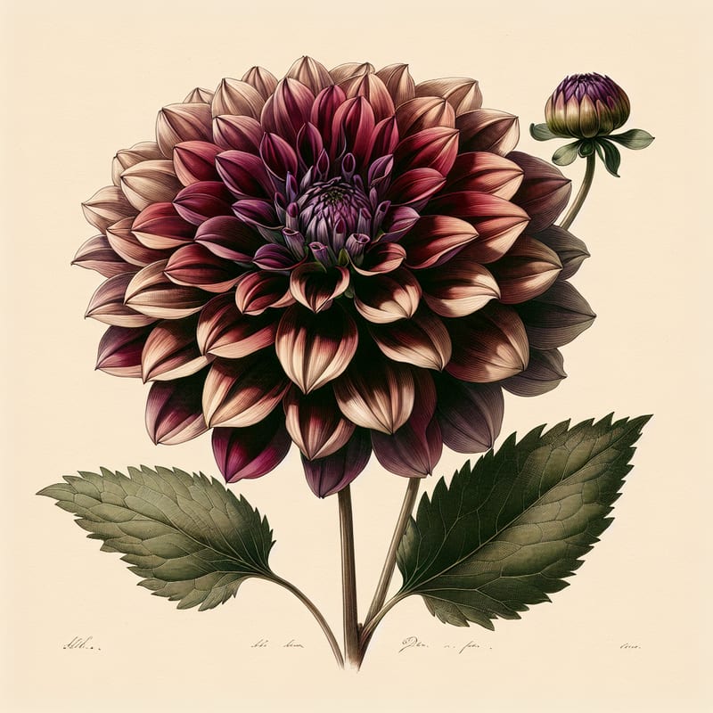 Botanical plate illustration of Penhill Dark Monarch dahlia, Dark Blend Informal Decorative