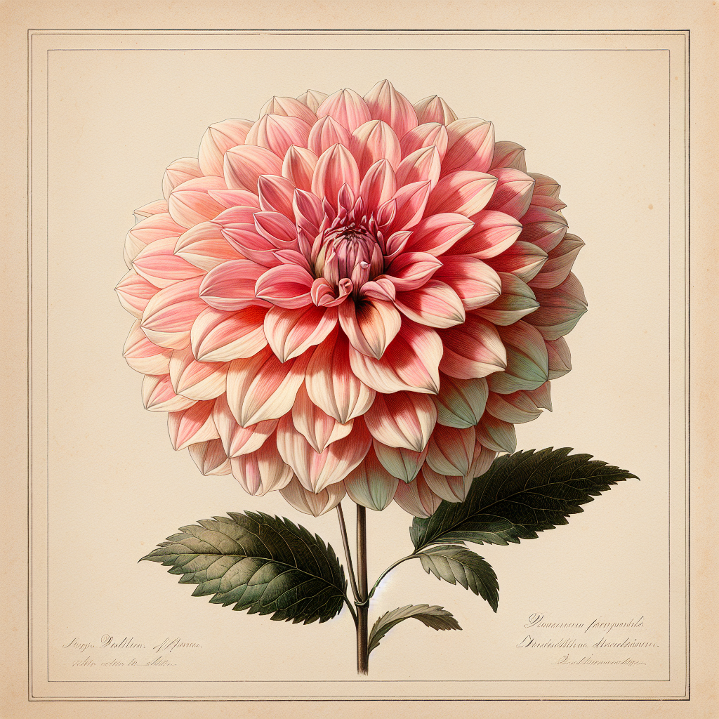 Botanical plate illustration of Penhill Watermelon dahlia, Light Blend Informal Decorative