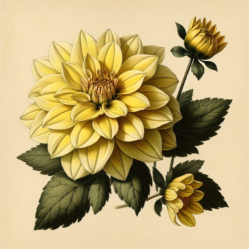 Botanical plate illustration of Penhill Yellow Queen dahlia, Yellow Informal Decorative