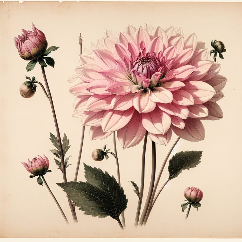 Botanical plate illustration of Pink Loveliness dahlia, Pink Waterlily
