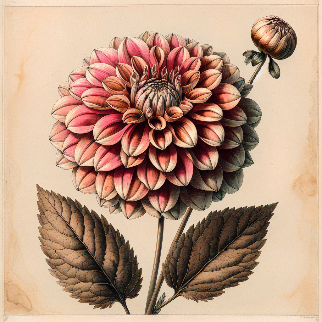 Botanical plate illustration of Pink Sylvia dahlia, Bronze Formal Decorative