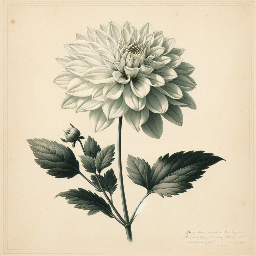 Botanical plate illustration of Platinum Blonde dahlia, White Semi-Cactus