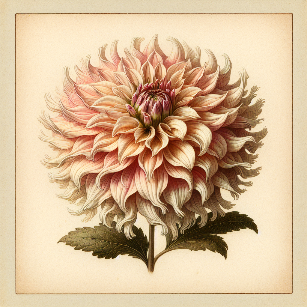 Botanical plate illustration of Popular Guest dahlia, Light Blend Laciniated