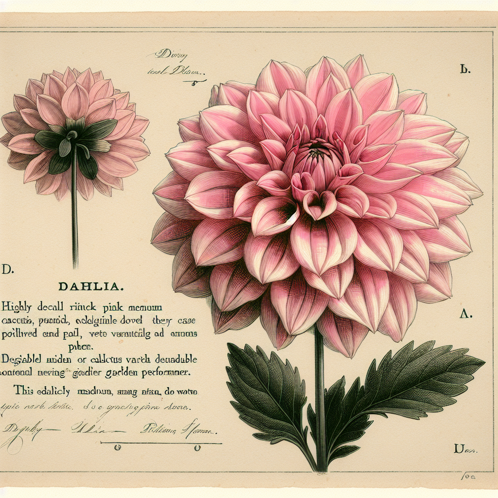 Botanical plate illustration of Preference dahlia, Pink Semi-Cactus
