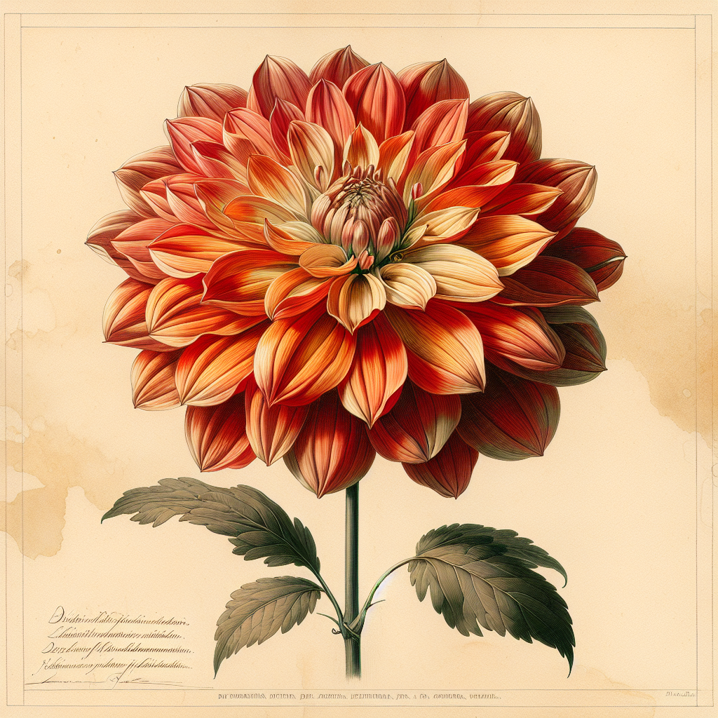 Botanical plate illustration of Procyon dahlia, Flame Blend Informal Decorative