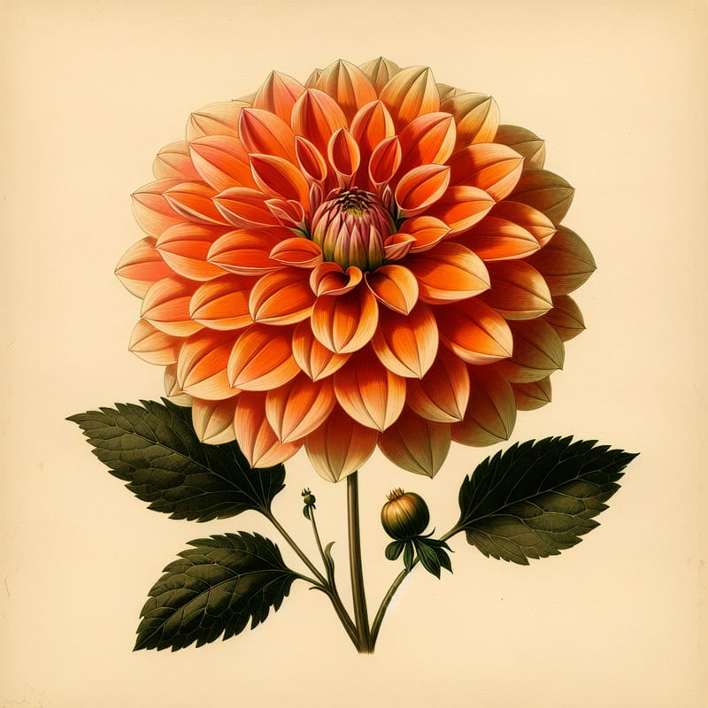 Botanical plate illustration of Punkin Spice dahlia, Orange Formal Decorative