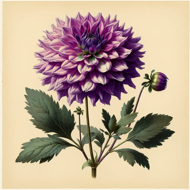 Botanical plate illustration of Purple Flame dahlia, Purple 