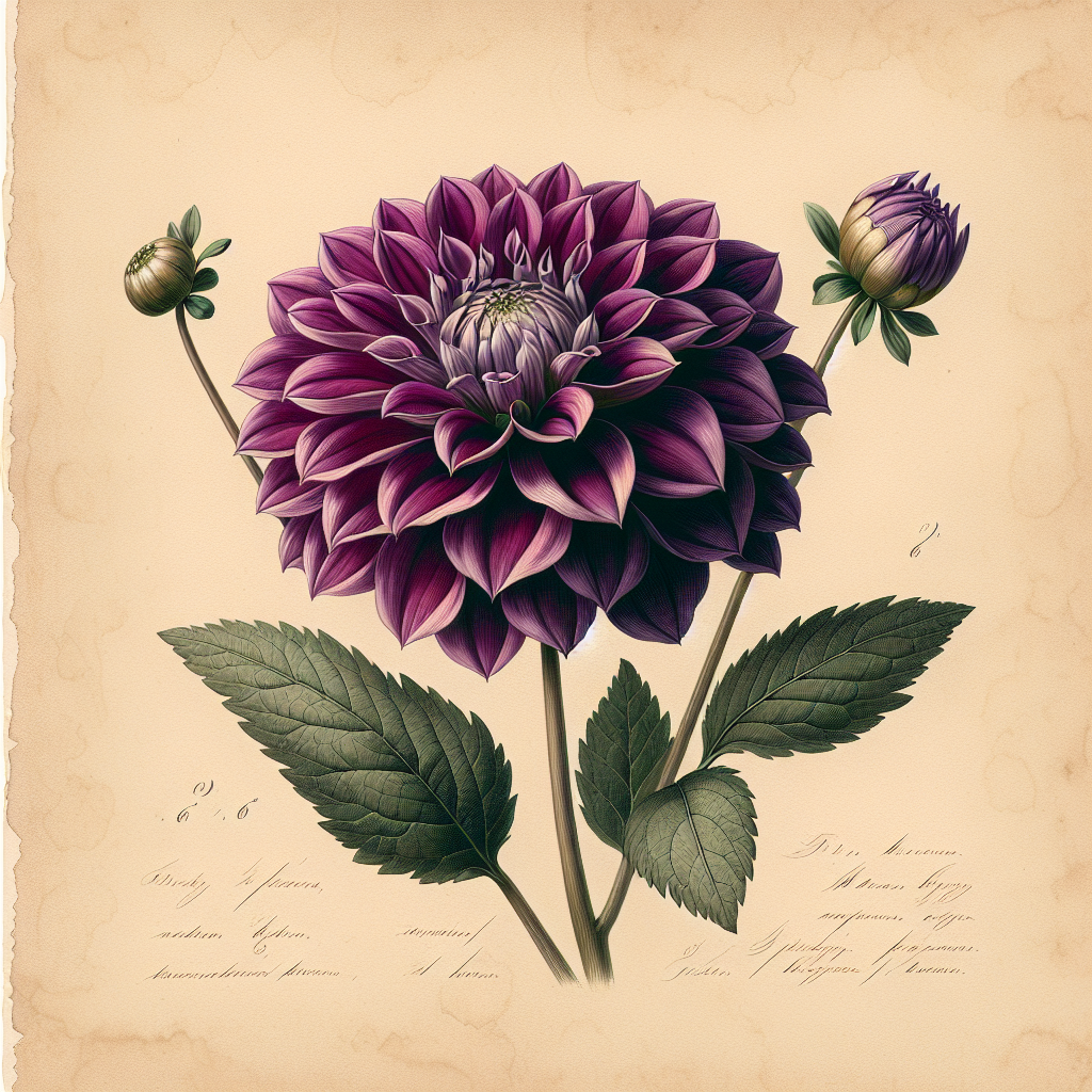 Botanical plate illustration of Purple Gem dahlia, Purple Incurved Cactus