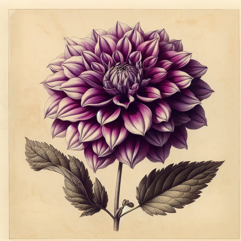 Botanical plate illustration of Purple Haze dahlia, Purple Semi-Cactus