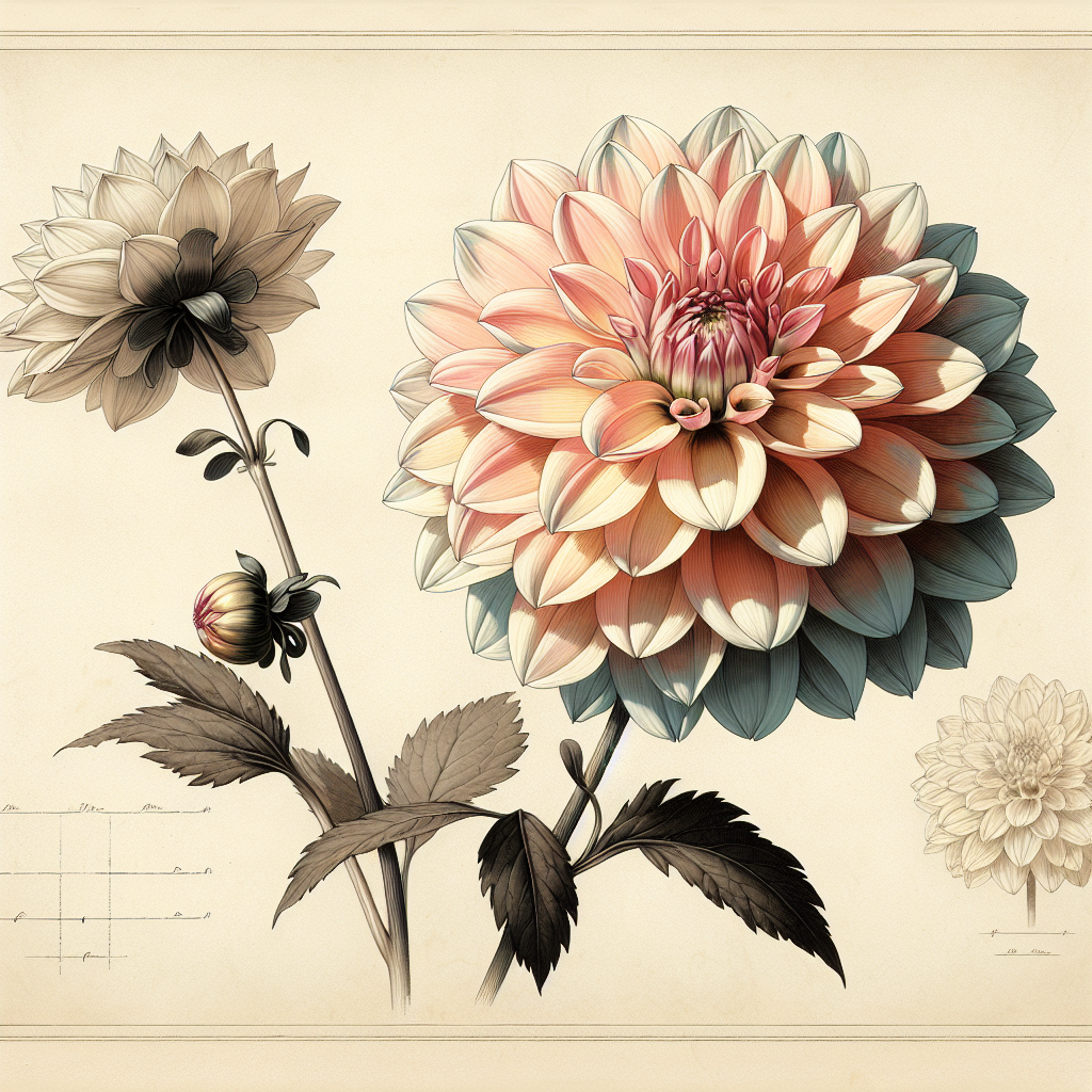 Botanical plate illustration of Que Sera dahlia, Light Blend Semi-Cactus