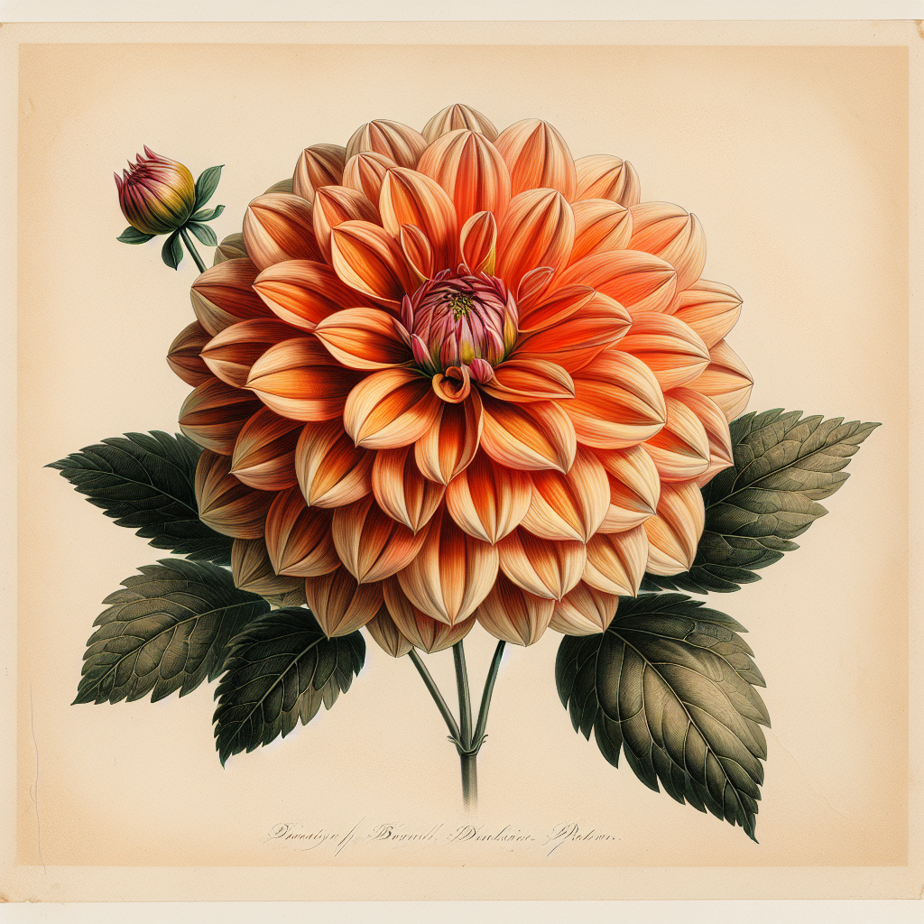 Botanical plate illustration of Rare Beauty dahlia, Orange Formal Decorative