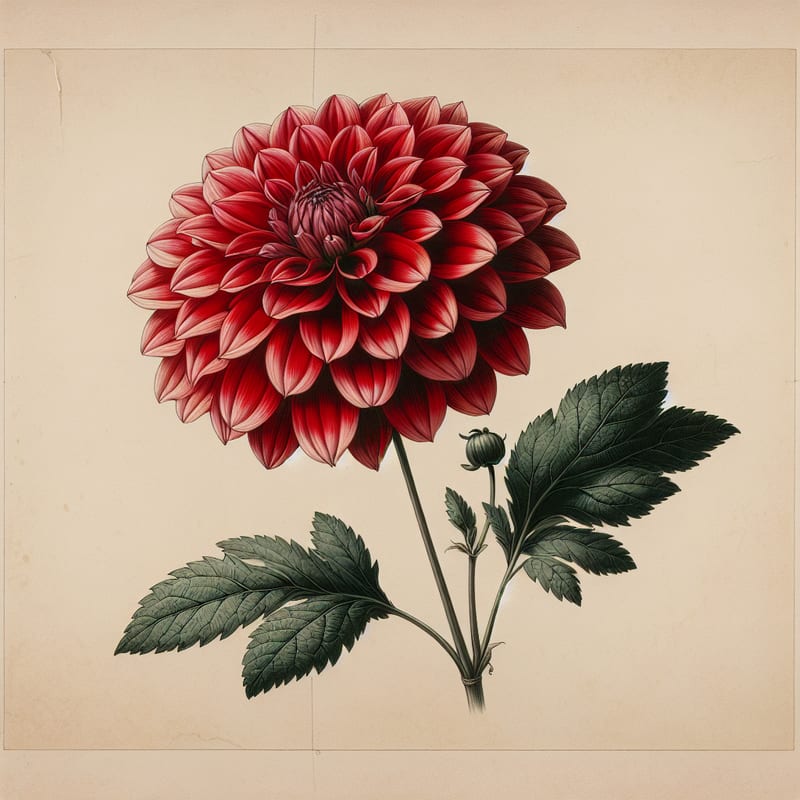 Botanical plate illustration of Red Umbrella dahlia, Red Formal Decorative