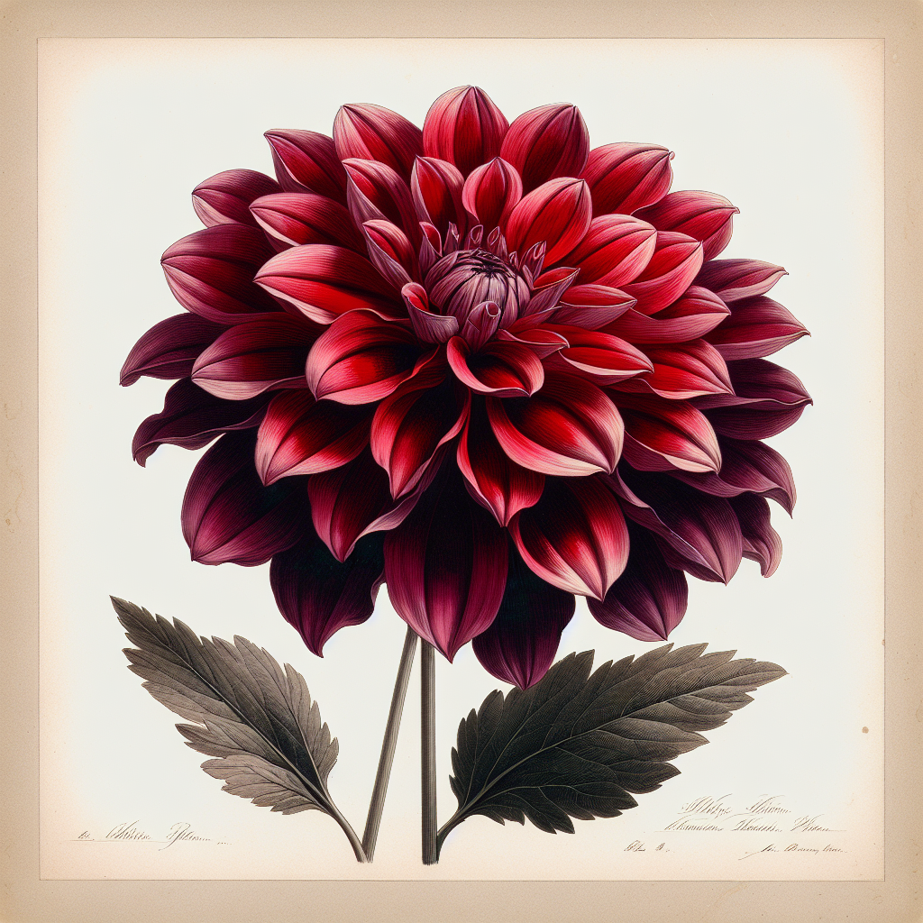 Botanical plate illustration of Rip City dahlia, Dark Red Informal Decorative