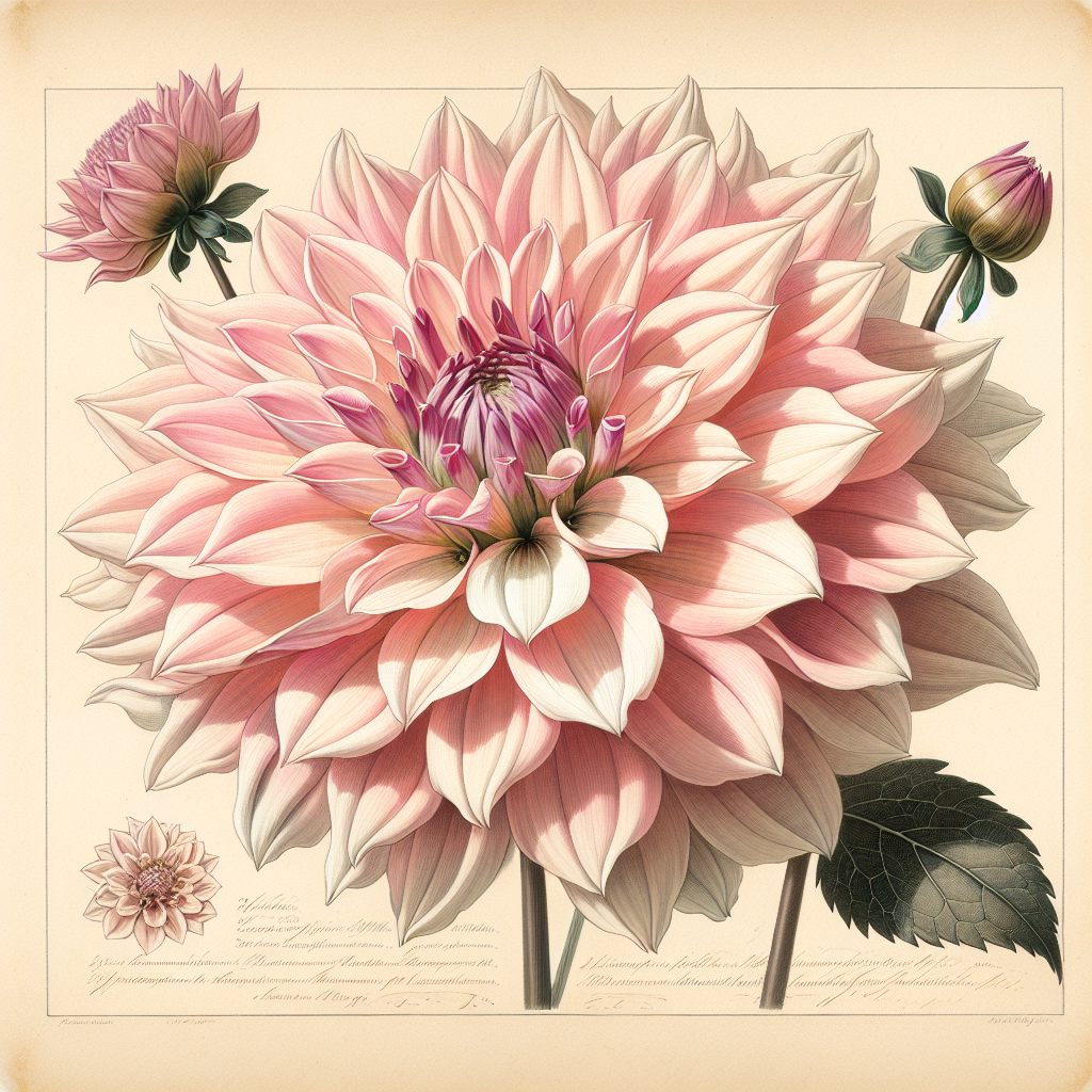 Botanical plate illustration of Rock Run Ashley dahlia, Pink Formal Decorative