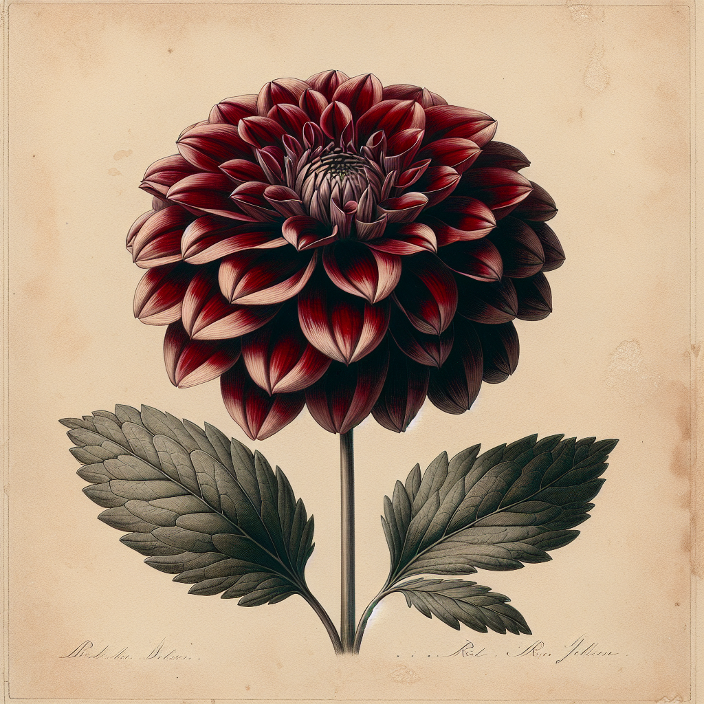 Botanical plate illustration of Rock Run Jolene dahlia, Dark Red Formal Decorative