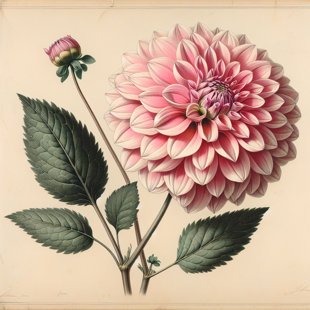 Botanical plate illustration of Rosella dahlia, Pink Formal Decorative